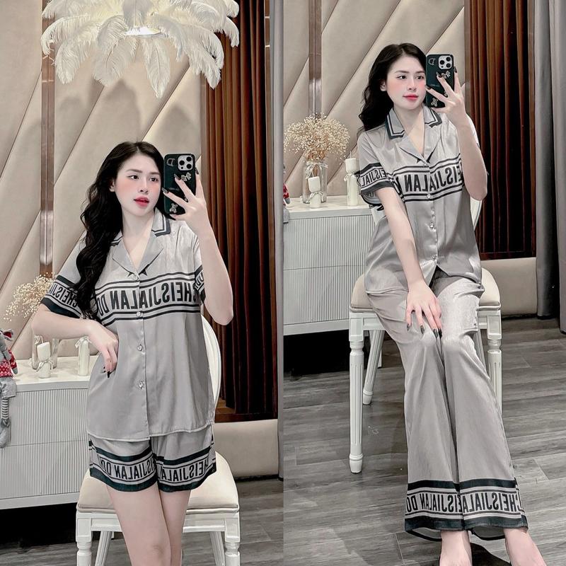 Bộ đồ Ngủ Pijama Xám chữ in full Lụa gấm xước ánh kim cho Nữ nhẹ nhàng sang chảnh DCC15 Sammy