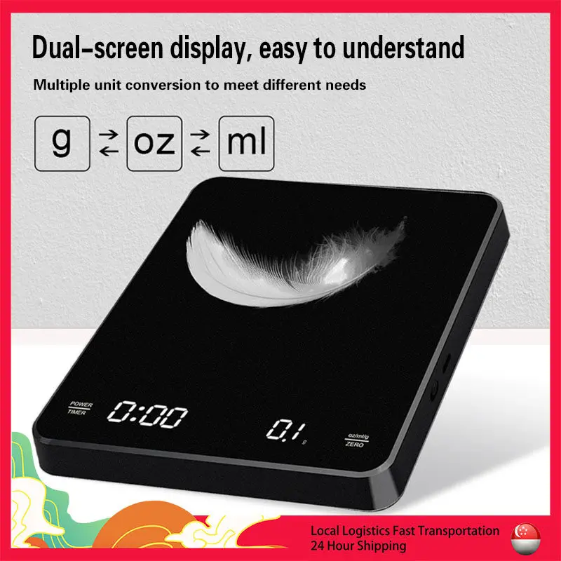 SG【READY STOCK】【 High Quality】Dlvision: d=0.1g Accurate Electronic Multifunction Coffee Scale Jewelry, Vegetables Scale With Timer Digital Scale Digital LED Display HighType-C Charging Port Waterproof Load Capacity 3KG/6.6LB