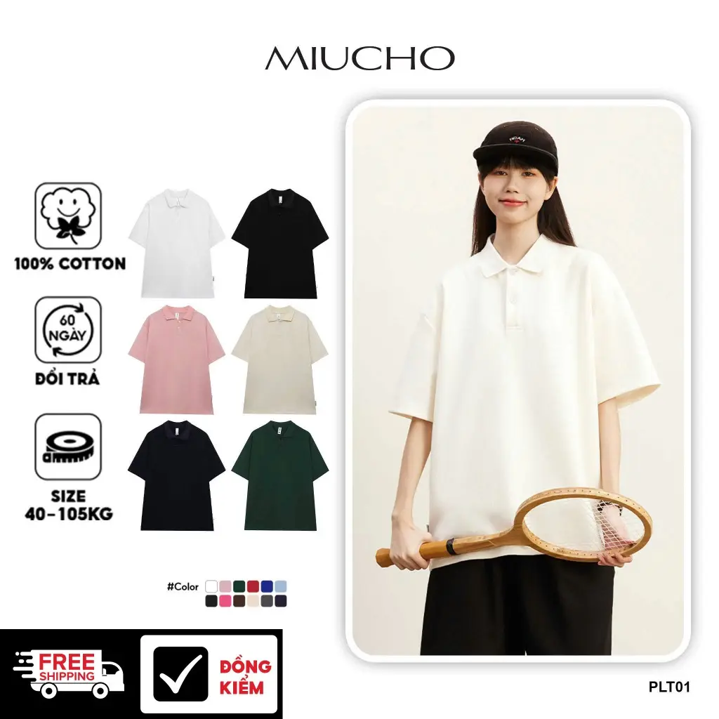 Áo polo trơn form rộng cotton PLT01 Miucho cổ trụ in basic Nữ Women Top Voi Trắng