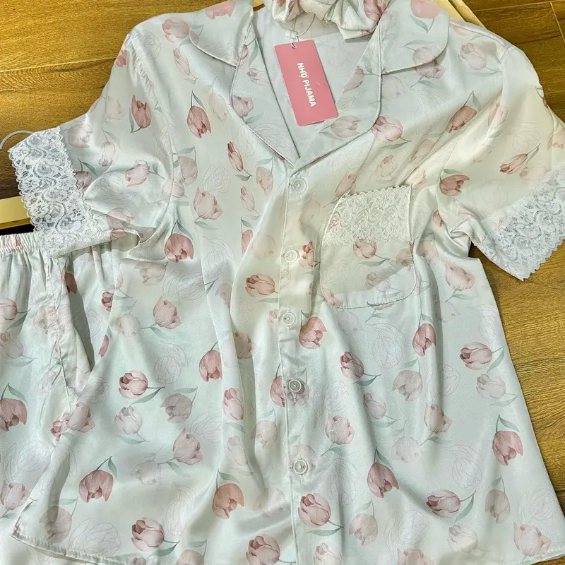M114 NHỌ PYJAMAS Bộ mặc nhà HOA TRÀ XANH phối ren tiểu thư sang chảnh 8