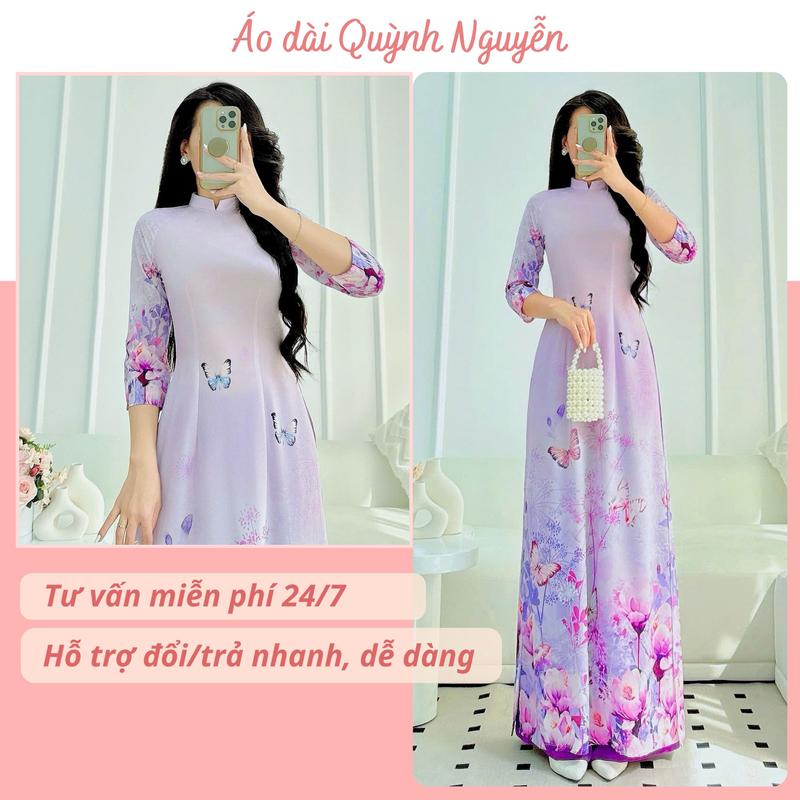  Áo dài thiết kế lụa nhật in 6D - MÃ N72 Nữ Women Dress Kem Nhung Sen 