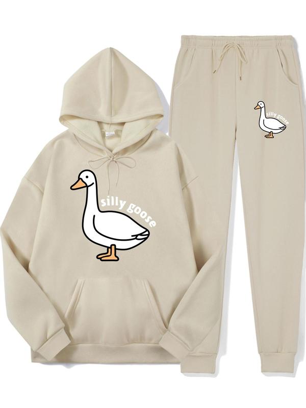 Two Pieces Men's Cartoon Goose Print Drawstring Two-Piece Set, Regular Fit Long Sleeve Pullover & Pocket Pants for Spring & Fall, Men's Outfits for Daily Wear 3