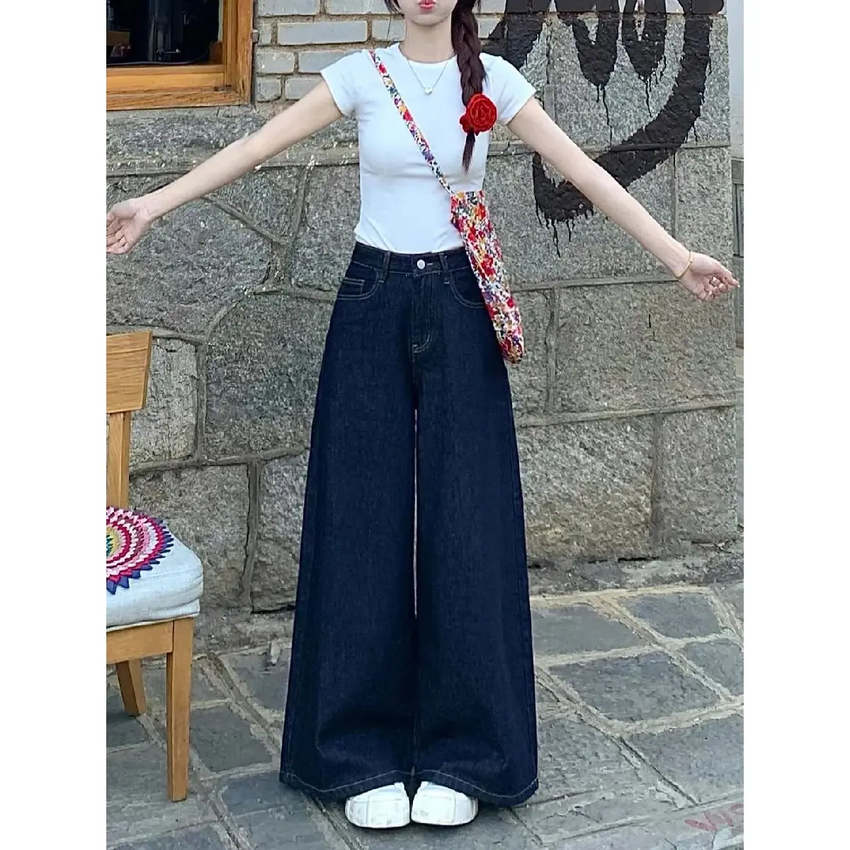 Women's Antique Dark Blue Wide Leg Jeans 2024 Summer New High Waist Loose Drooping Straight Mopping Pants