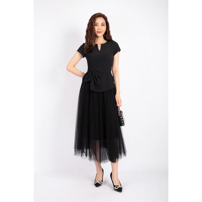 FAK31278 - Áo kiểu công sở vải tuytsi dáng peplum vạt xếp nhún tạo kiểu cổ tròn xẻ V khóa thân sau - PANTIO