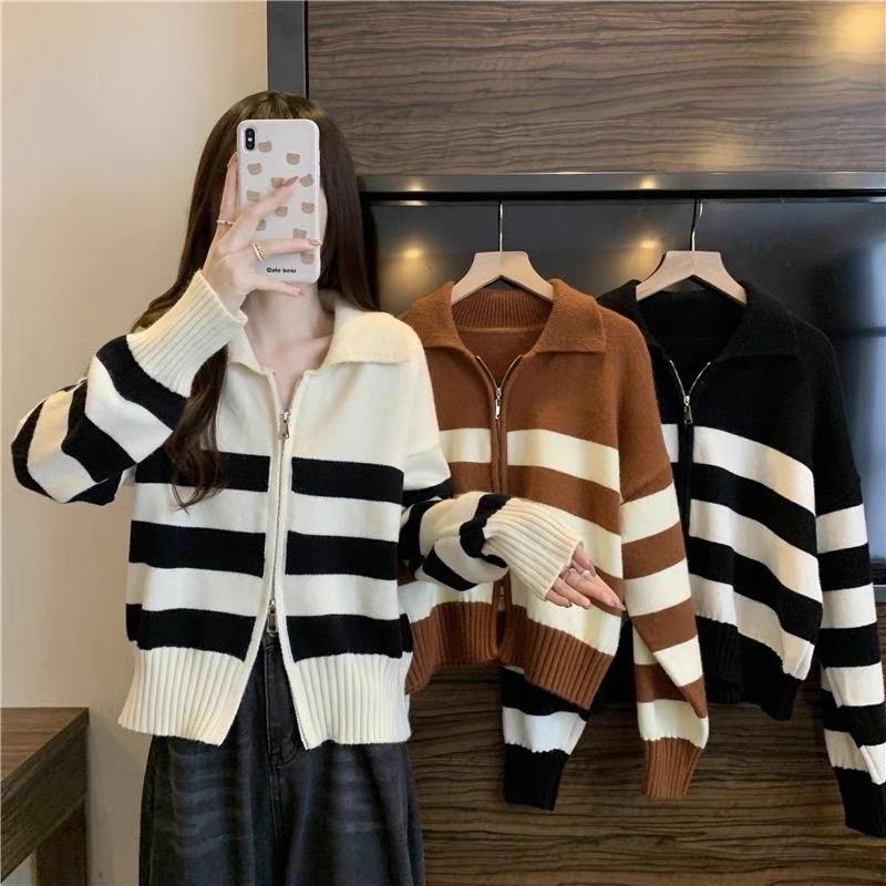 Áo khoác cardigan dệt kim nữ Áo len tay dài khóa đôi cổ polo kiểu kẻ ngang mongtoghi hàng Quảng Châu