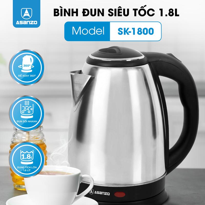 [ASANZO] ẤM ĐIỆN ĐUN NƯỚC SIÊU TỐC 1.8L 1500W - SK-1800 - Chính Hãng Bảo Hành 6 Tháng Bình Đun Nước Ấm Siêu Tốc Đun Siêu Tốc Inox Đun Siêu Tốc Inox 0