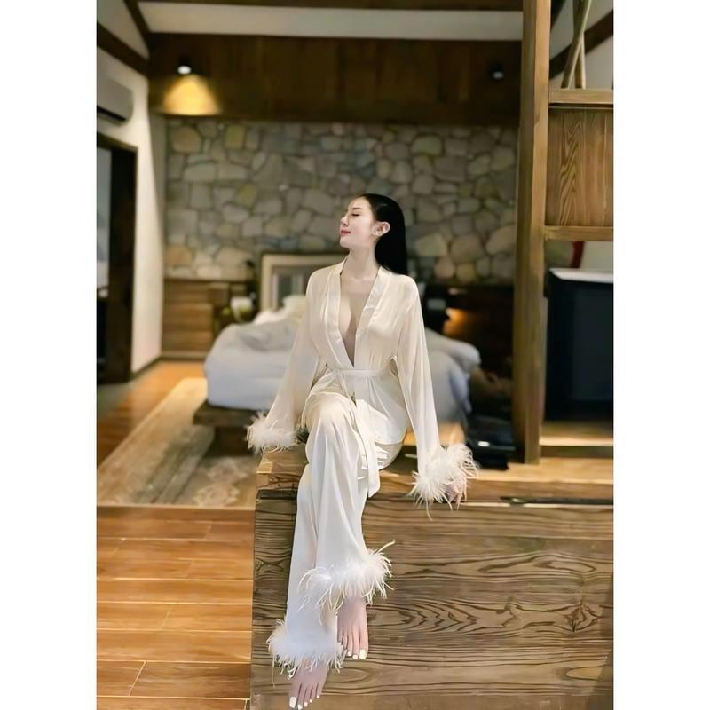 Đồ bộ mặc Pijama nữ nhà Osexy đính lông kiểu dáng kimono kèm dây cột tiện dụng hợp thời trang 3