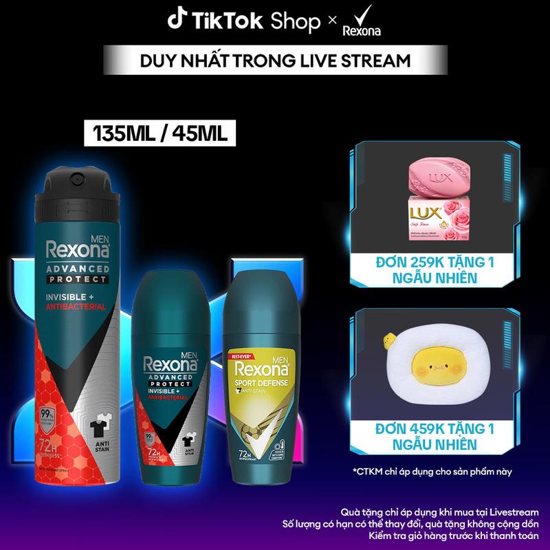 [KOL Live 2] Xịt/lăn khử mùi Rexona 72H kháng khuẩn thể thao dành cho nam 135/45ml [2]