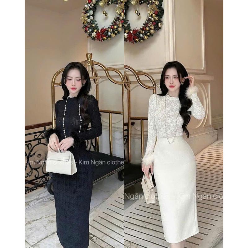 BỐNG - Set thiết kế áo ren tay lông mix chân váy bút chì dài chất dạ tweed nhung