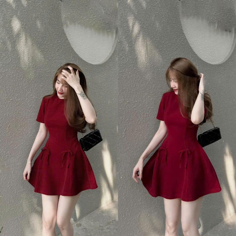 Đầm Nữ Tiểu Thư Cổ Tròn Đính Nơ Tay Ngắn Phối Quần Rời Chất Liệu Nhung Quyến Rũ Sang Chảnh Nữ Tính Dịu Dàng Thanh Lịch Sang Trọng Dễ Thương Women Dress Voan Màu Đỏ Top