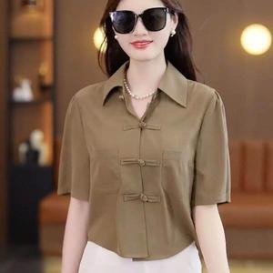 Retro Chiffon Shirts Women Short Sleeve 2024 New Design Chinese Style Puff Sleeve Plain Short Tops Lapel Chiffon Blouse