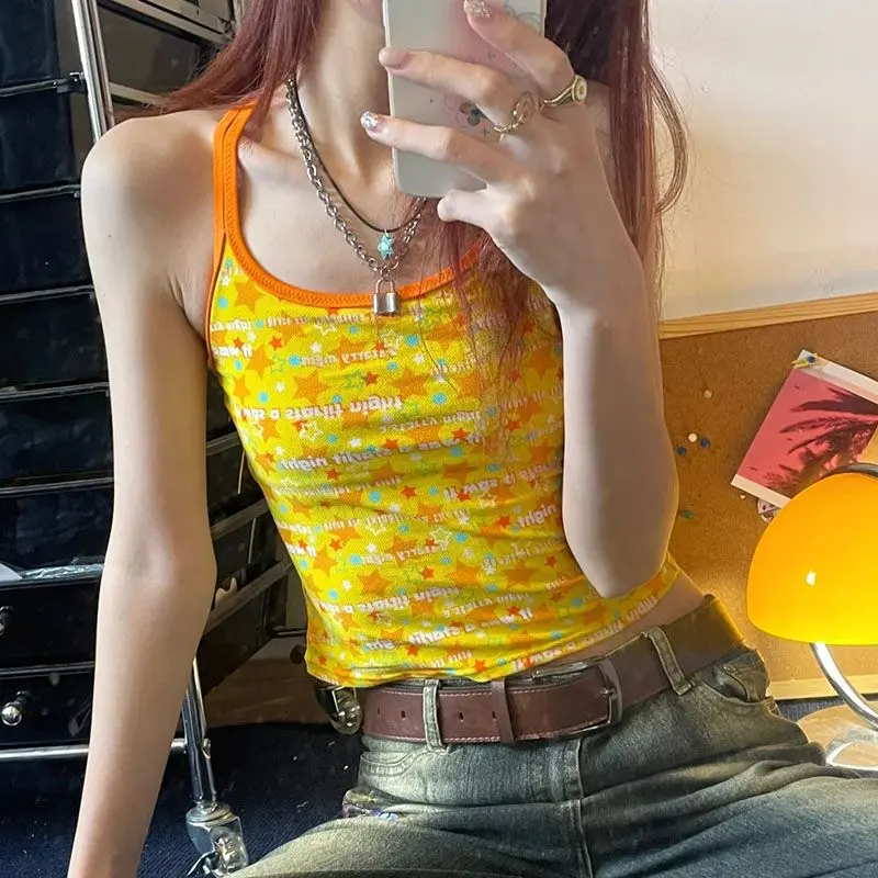 Áo Crop Top, Y2k Must Have Mùa Hè, Thiết Kế Đầy Sao Màu Vàng, Cổ Chữ U, Dây Đeo Spaghetti