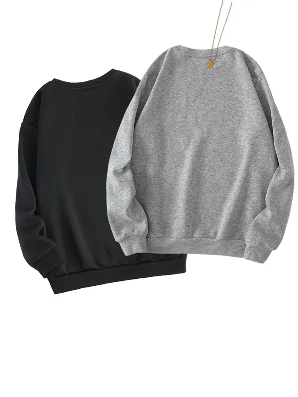Women's Solid Color  Sweatshirt Set, Casual Long Sleeve Crew Neck Pullover  for Fall & Winter, Women's Clothing for Daily Wear 5