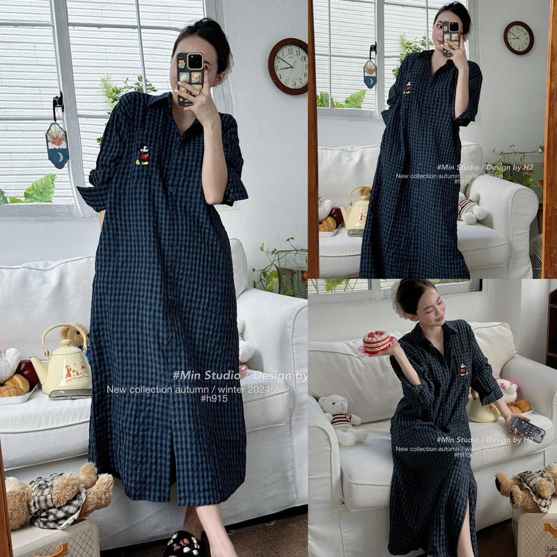 I0193 Váy Kẻ Nữ cổ Đức thêu túi chất Thô Hàn form sơ mi dài rộng mùa Thu by IRIS STORE Dress Women