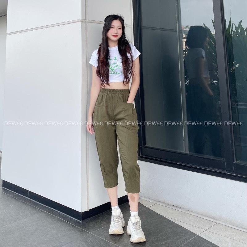 Quần baggy nữ lưng cao cạp chun chất vải đũi mềm mát phối 2 túi ngang cá tính