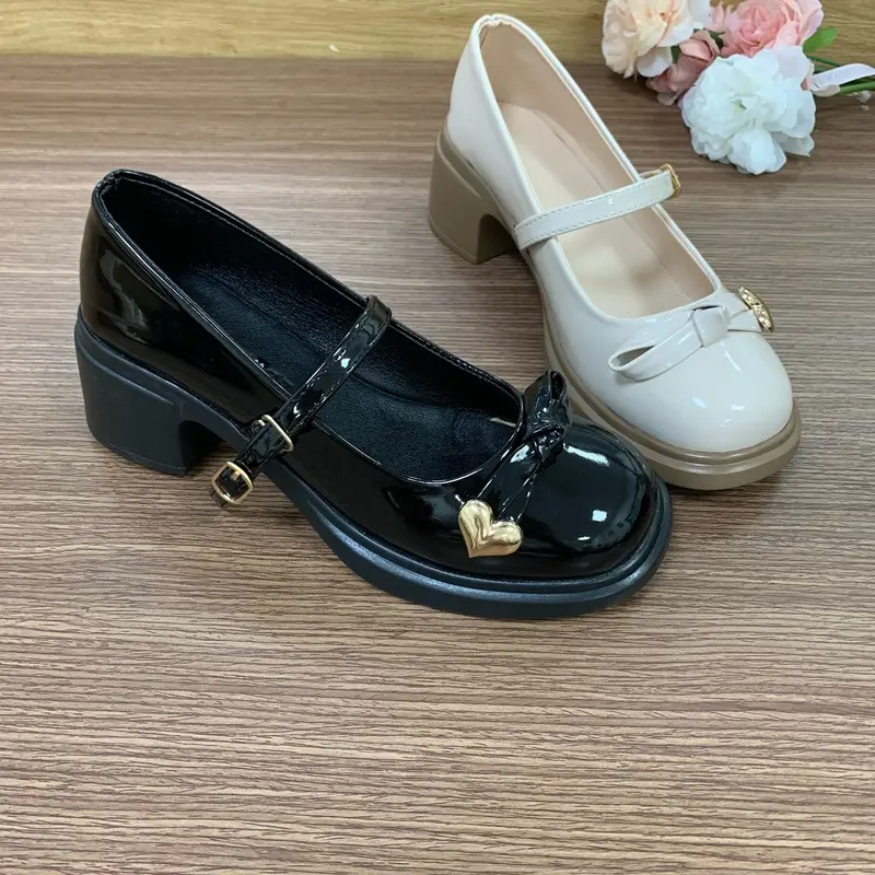 Giày lolita, giày bupbe, nơ tim gót vuông 5cm ,da bóng mềm,quai cài, đi học, đi chơi …( fom 1.5 lùi 1sz , chân tròn dày lấy đúng) Nữ Shoes mary jane 0