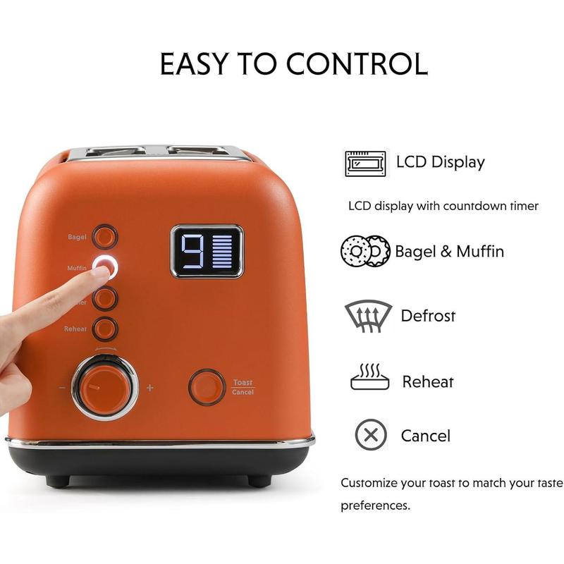 TikTok Shop DT730 Motorized Toaster 2 Slice Digital Leverless Toaster with LCD Countdown Timer 9 Shade Settings for Toast Bagels Waffles Muffins