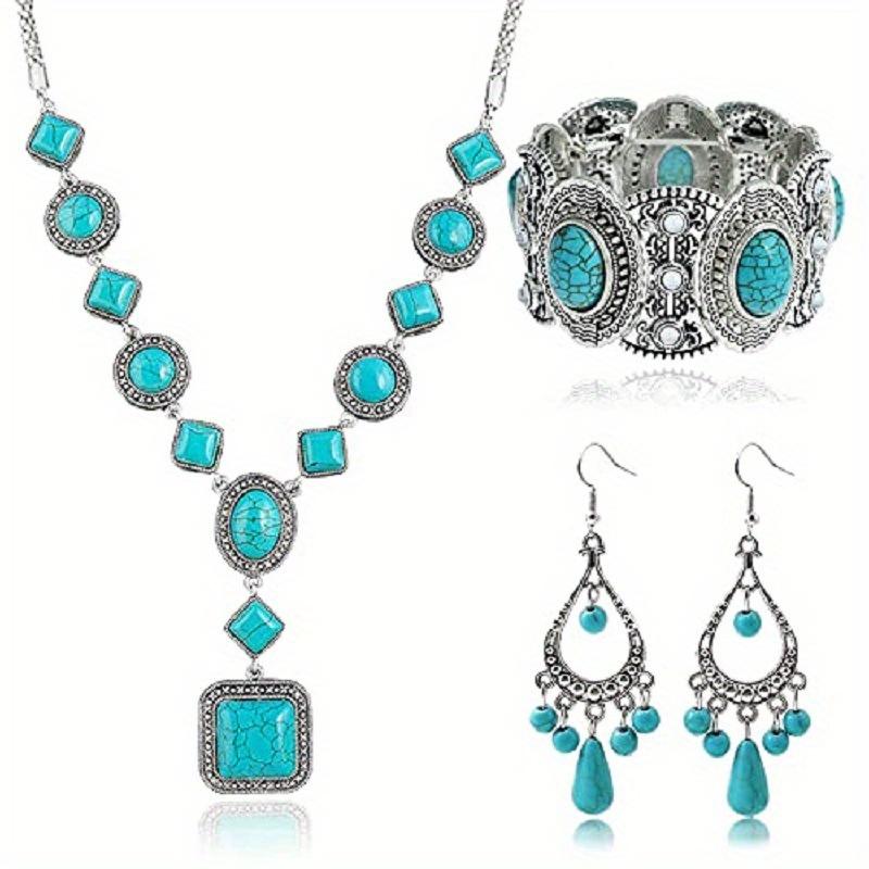 [Complete Turquoise Bead Jewelry Set] Bohemian Turquoise Necklace Round Necklace Bracelet Earrings Bead Jewelry Set 5