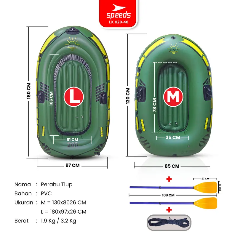 SPEEDS Perahu Karet Mancing Tiup Kayak + Dayung Inflatable Boat 2 Orang Rafting Sport Arung Jeram 020-46 1