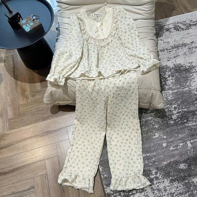 Đồ Bộ Hoa Nhí Ren Cổ Bèo Tiểu Thư Chất Thô Mềm 4