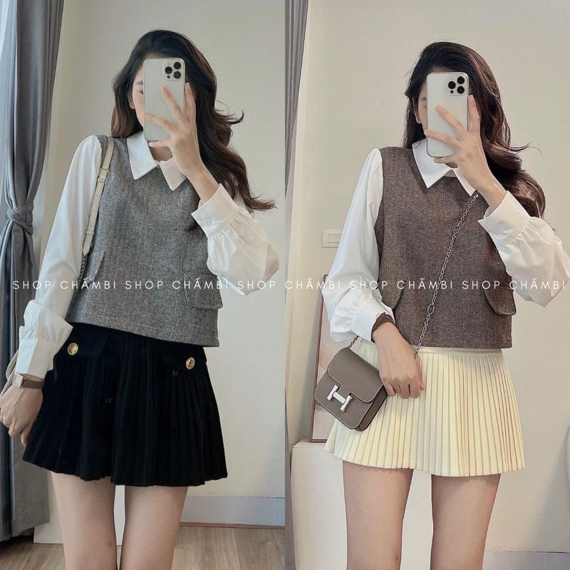  Áo sơ mi nữ A.553 Áo sơ mi cổ đức tay dài phối dạ dáng croptop lửng trẻ trung - Shop Chấm Bi 