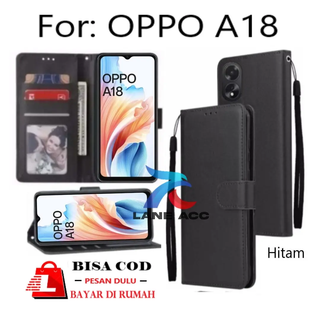 FLIP CASE UNTUK  OPPO A18-KESING  WALLET PREMIUM- CASE LEATHER-FLIP COVER Hitam Ponsel