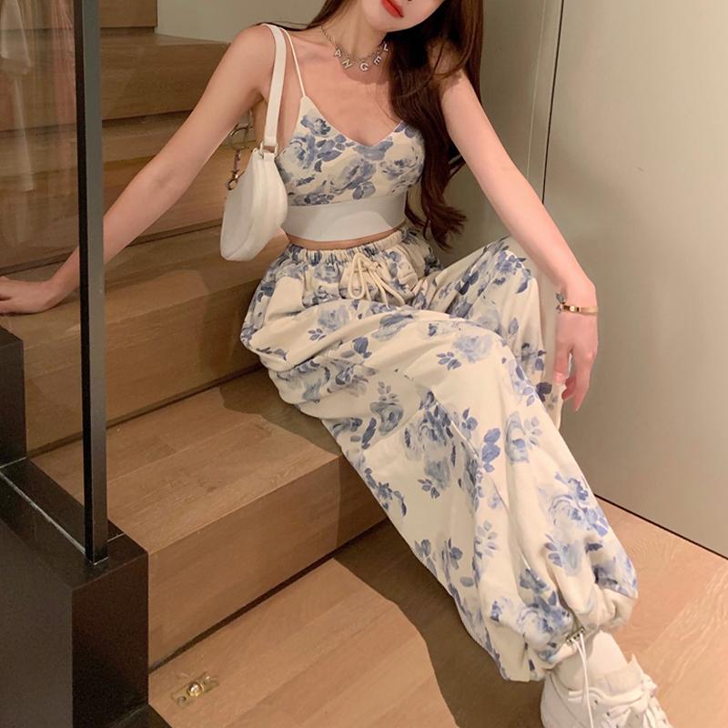 Product Introduction of Women 2 Pieces Temperament Outfits, Floral Print V-Neck Spaghetti Strap Camisole + Drawstring Elastic Waist Long Pants Set 19
