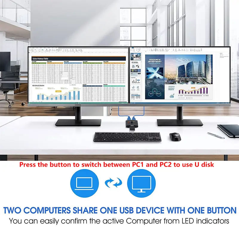 Bộ chuyển đổi USB 3.0, Bộ chọn KVM, 5Gbps, 2 trong 1 ra, Bộ chuyển đổi USB, Bộ chia hai chiều USB3.0, Thích hợp để chia sẻ máy in và chuột 2