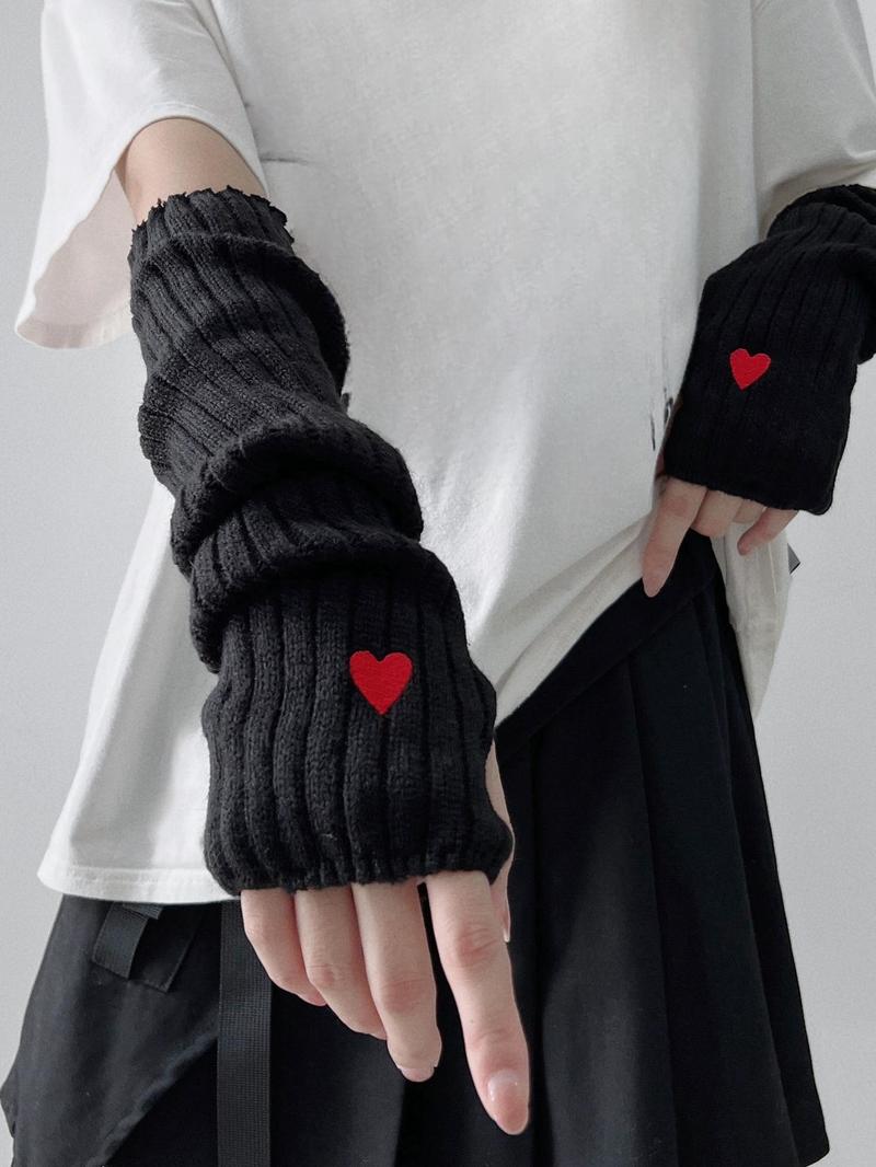Product Introduction of Women's Cute Heart Embroidery Gloves, Fashionable Casual Trendy Y2K Knitting Arm Warmers, Gift for Sister, Fashionable Accessories for Daily Wear Christmas Gift, Christmas Gifts for Girlfriend, Valentine's Day, Gift 0