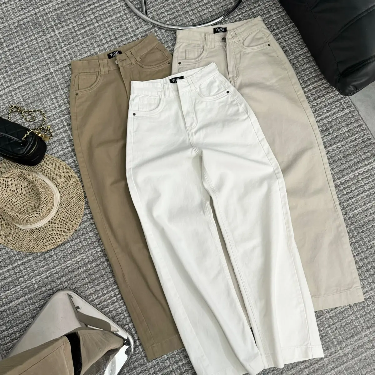 YURI JEANS - Quần Jean Nữ Ống Suông Màu trắng be nâu May viền Túi Cuộn Women Pants