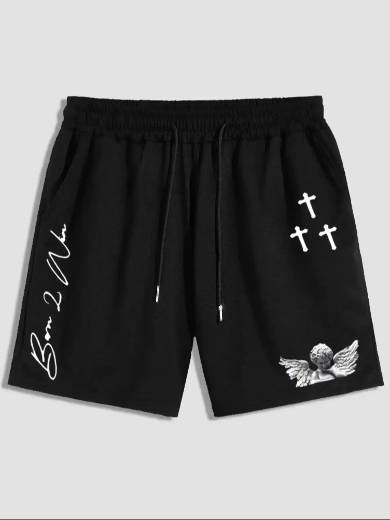 Men's Cross Letter Print Drawstring Waist Shorts, Casual Regular Fit Pocket Straight Leg Shorts for Summer, Summer Outfits, Fashion Men's Bottoms for Daily Wear