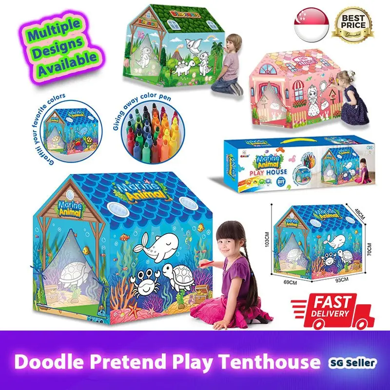 【SG Stock】DIY Doodle/Graffie Themed Kids Pretend Play Tent House With Free Wahsable Watercolour MarkerCreative Coloring