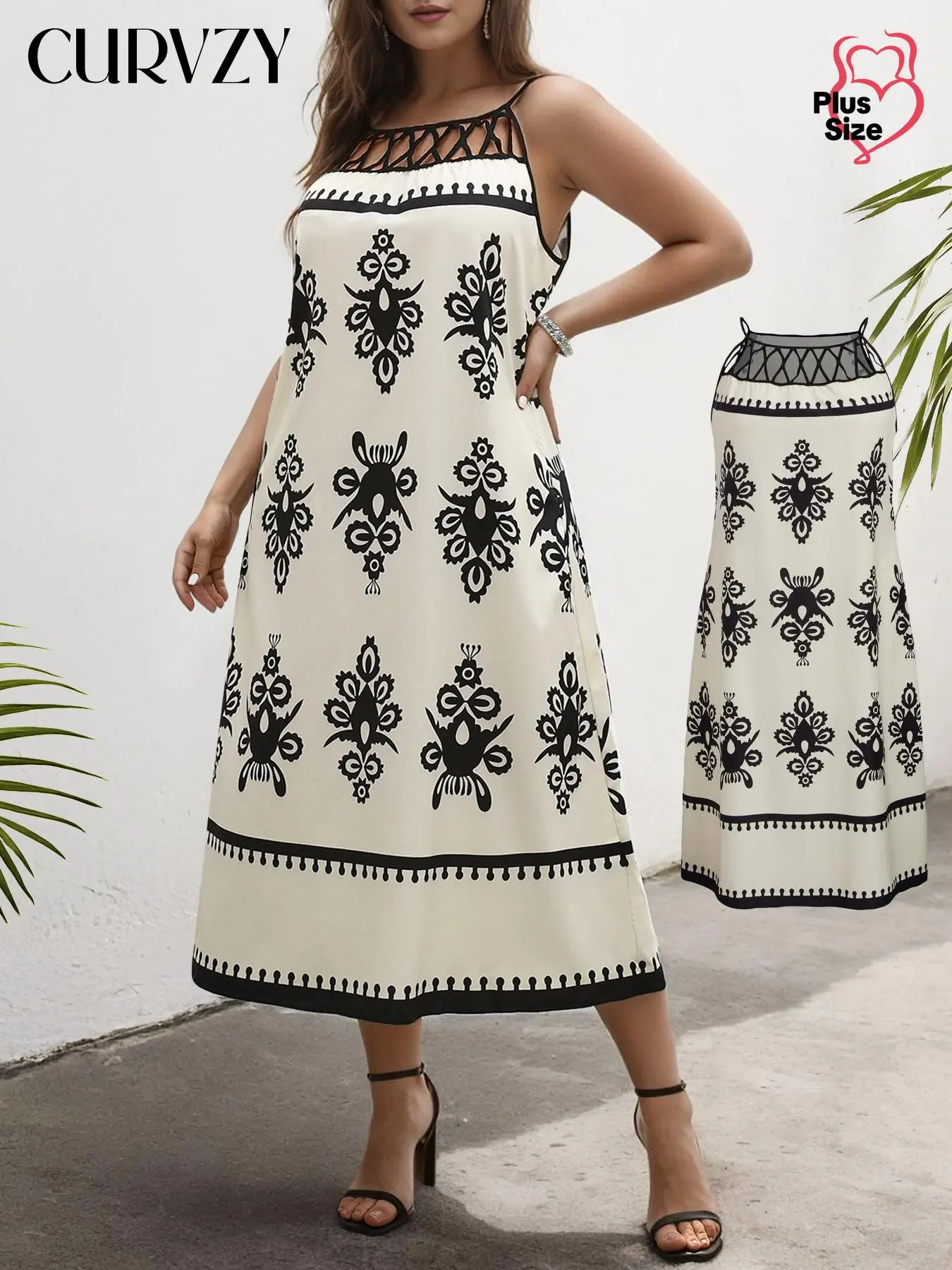 CURVZY Plus Size Ethnic Pattern Cami Dress, 1 Count Boho Sleeveless Spaghetti Strap Dress for Beach Holiday Vacation, Holiday Dresses, Women's Clothes for Summer