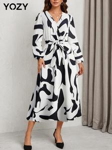 YOZY Women's All Over Print Belted Wrap A Line Dress, Casual Bishop Sleeve V Neck Ribbed Midi Dress for Daily Wear, Ladies Clothes for Spring & Fall
