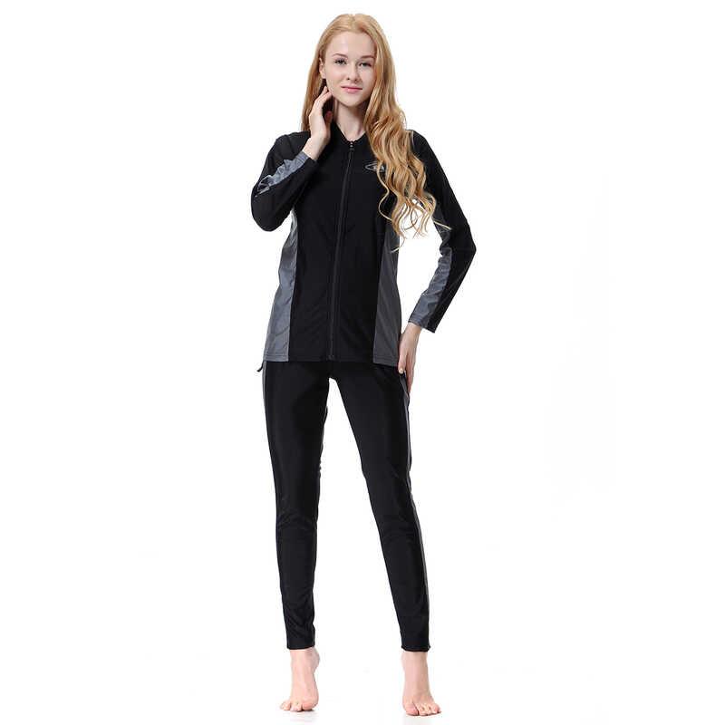 Product Introduction of Long Sleeve Full Body Swim Suits For Women Muslim 2024 Burkini Swimwear Front Zipper Shirt Pants Caps Swimsuit H1001 2