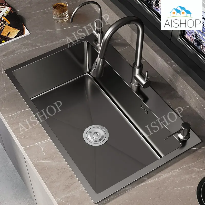 [SG Seller] Gun Grey 304 Stainless Steel Kitchen Nano Sink Single Sink With Kitchen Faucet Drain Accessories