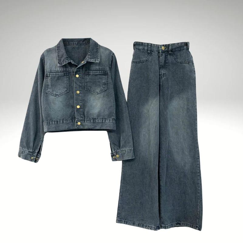 Set Jean B102 Áo Tay Dài Khuy Bấm Cổ Đức, Quần Cạp chun sau Khuy Trước Đơn Giản Dành Cho Nữ, Chất Jean Mềm, Size S, M, L Women Women Women