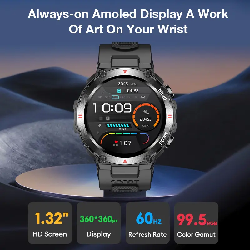 Aolon Tetra R2 Jam Tangan Pintar Pria Olahraga Luar Ruangan Kebugaran Dial Khusus Pelacak Kebugaran IP67 Tahan Air Jam Tangan Layar Sentuh Penuh Panggilan Bluetooth Pelacak Kebugaran Denyut Jantung jam tangan pria jam tangan smartwatch 1