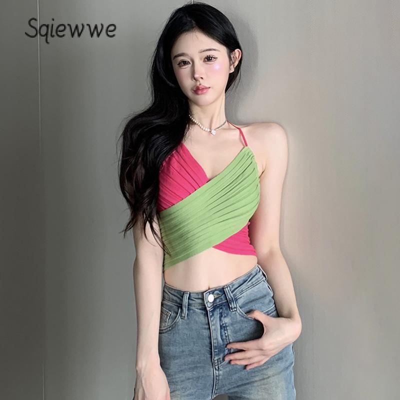 Product Introduction of Women Crop Halter Tops Contrast Color Ruched Backless Shirts Summer Sleeveless Vest for Streetwear Aesthetic Clothes 34