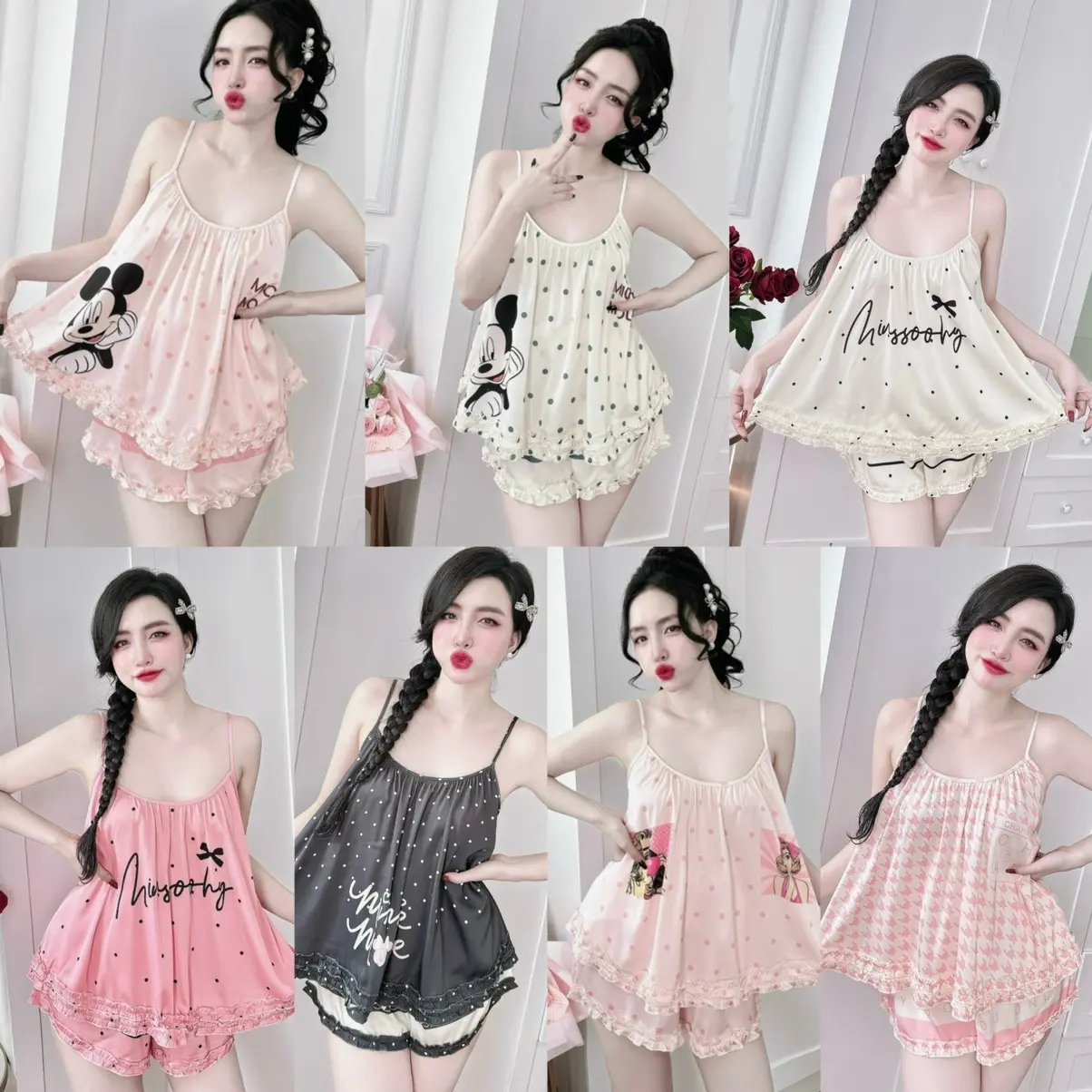 Đồ bộ hai dây chấm bi có size 46-67kg và 68-85kg lụa latin Women nữ