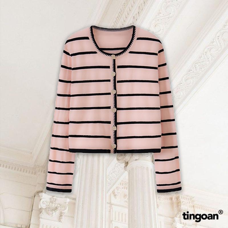 TINGOAN - Áo len xù mỏng cổ tròn bện viền kẻ ngang HỒNG LEENA TOP/PK