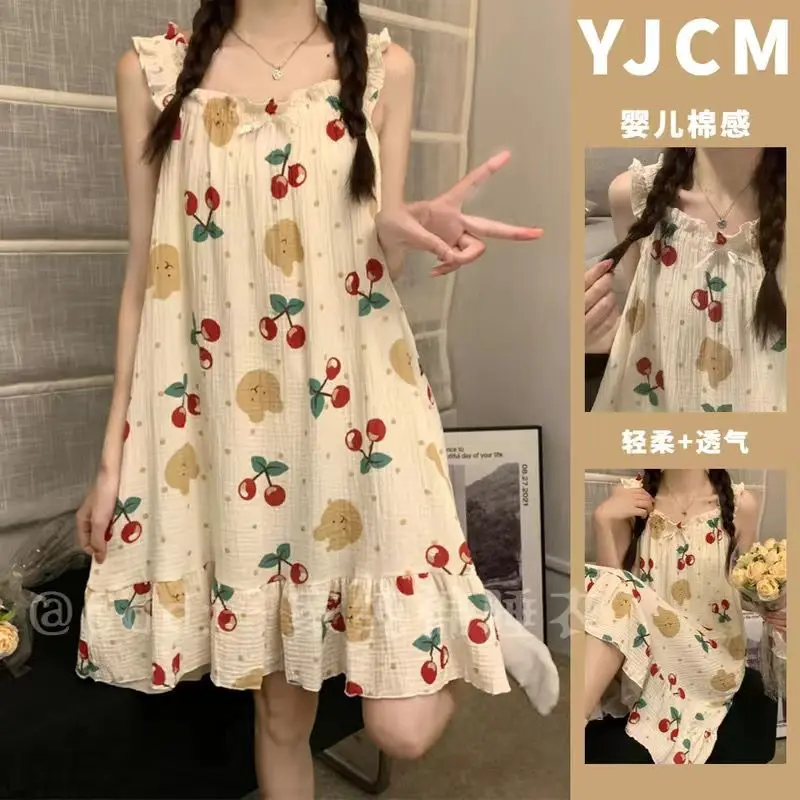 Váy Ngủ Có Dây Đeo, Phong Cách Ngọt Ngào Dành Cho Phụ Nữ, Váy Ngủ Cotton Mùa Hè, Ngoại Cỡ, Váy Dài Dáng Rộng, Có Thể Mặc Được Cho Người 100kg, Đồ Ngủ