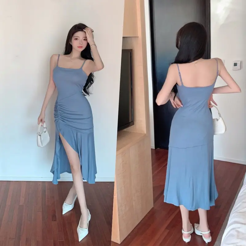 927 baju sexy party dress coklat bodycon midi gaun tanpa lengan wanita korean style dress terbaru 2024 import 5