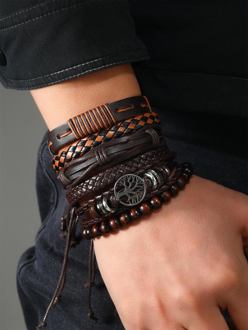Product Introduction of Men's Vintage Adjustable Bracelet Set (6counts/set), Beaded & Braided & Hollow Out Tree Design for Party, Daily Birthday Gift 2