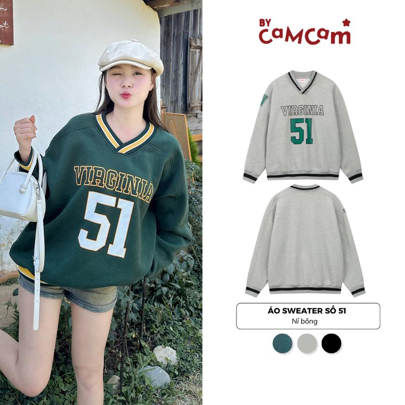Áo Nỉ Sweater Số 51 Form Rộng Cổ V Bóng Chày Thể Thao Nam Nữ Bycamcam Dài Tay Man Women