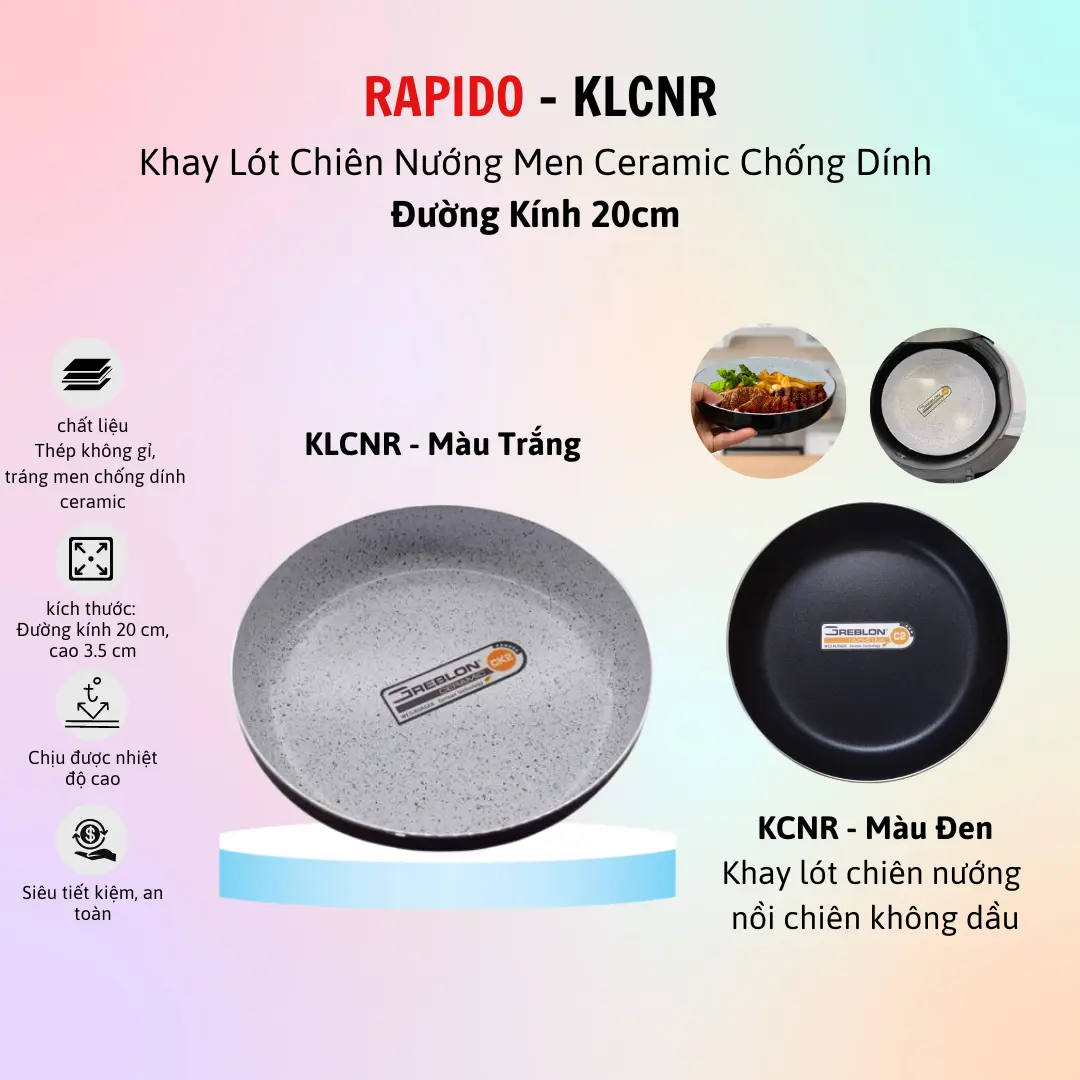 Khay lót chiên nướng Rapido men ceramic chống dính - Khay chiên nướng nồi chiên không dầu chống dính Greblon bền đẹp đường kính 20cm dùng trong nồi chiên không dầu - Hàng chính hãng - 1
