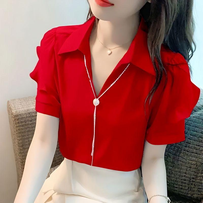 Áo Sơ Mi Voan Ngắn Tay, Thiết Kế Đơn Giản, Dành Cho Nữ, Cổ Chữ V Thanh Lịch, Thiết Kế Đẹp, Vòng Cổ Đính Cườm Độc Đáo Hàng Mới Về Mùa Hè 2024