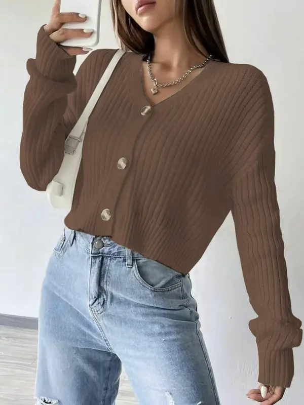 Women's Plain Button Front Sweater Cardigan, Casual Long Sleeve V Neck Jumper Cardigan for Spring & Fall, Fashion Women's Knitwear for Daily Wear, Tops 3