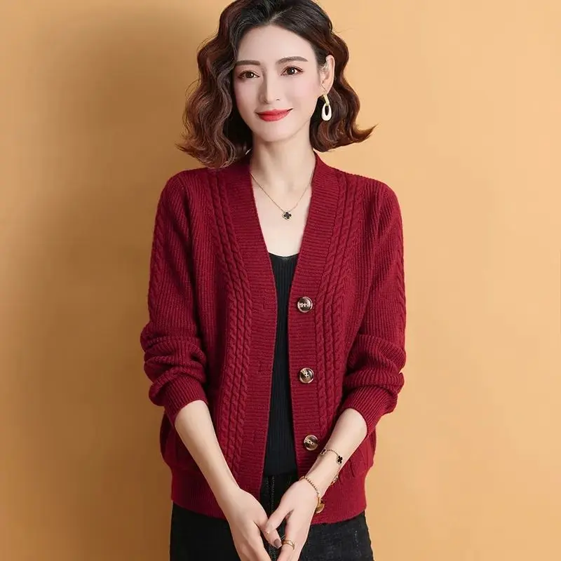 Áo Cardigan Len Cho Mẹ TRUNG NIÊN, Màu Trơn Dáng Rộng Vừa Vặn, Dễ Phối Đồ, Cổ Chữ V, Phong Cách Phương Tây, Áo Sơ Mi Nhỏ Áo Khoác Len Nữ