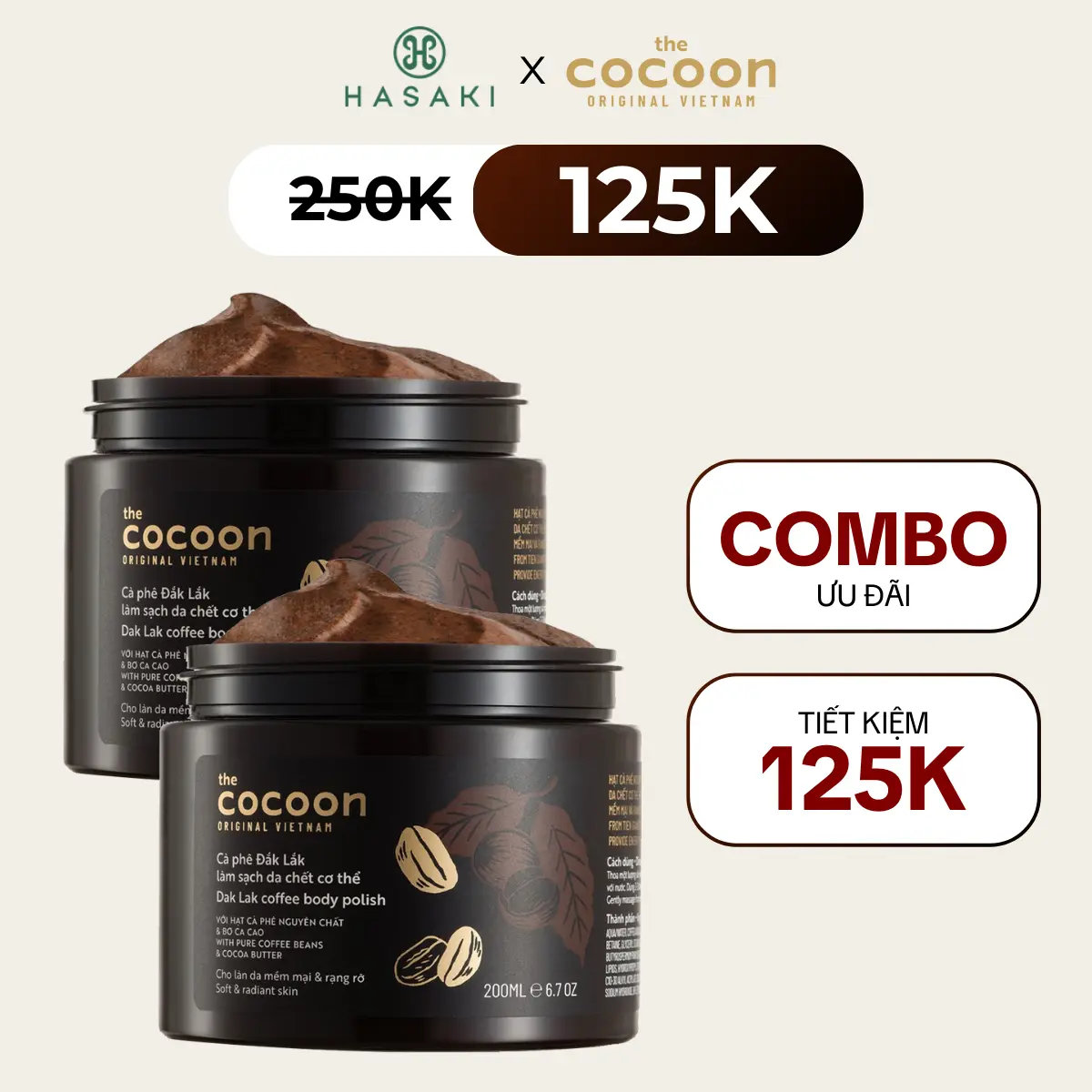 Combo Tẩy Tế Bào Chết Dưỡng Body Cocoon Cà Phê Đắk Lắk 2x200ml | HASAKI BEAUTY